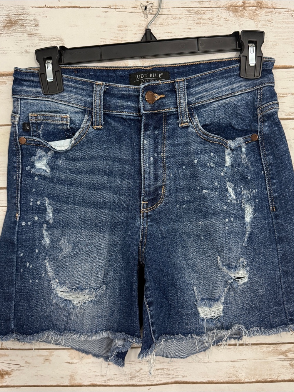 Judy Blue Paint Splatter Distressed Raw Hem Bermuda Denim Shorts S